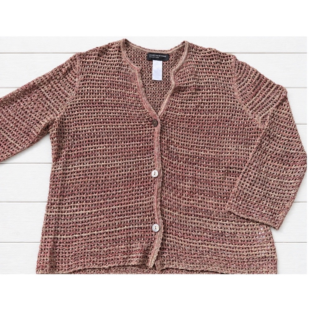Jones New York Open Knit Cardigan Sweater Office Boho Coastal Grandma XL 4386